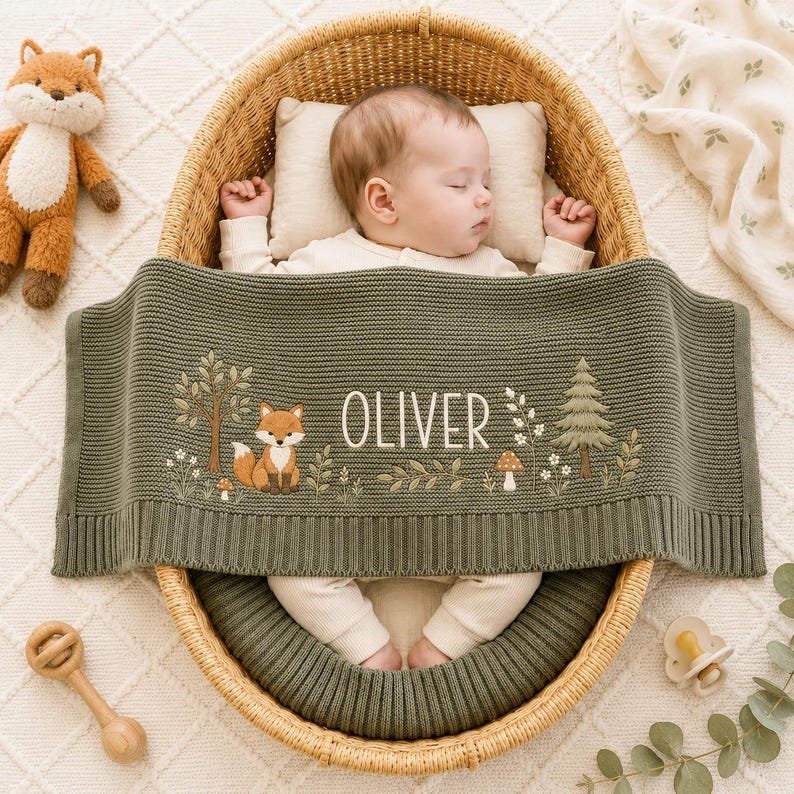 Personalized Woodland Fox Baby Blanket, Embroidered Name Keepsake, Forest Knit Nursery Gift