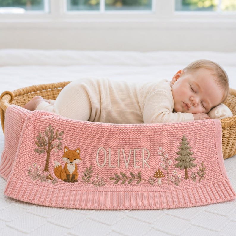 Personalized Woodland Fox Baby Blanket, Embroidered Name Keepsake, Forest Knit Nursery Gift
