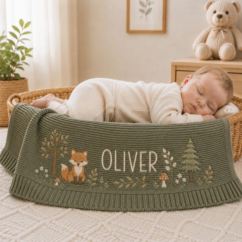Personalized Woodland Fox Baby Blanket, Embroidered Name Keepsake, Forest Knit Nursery Gift