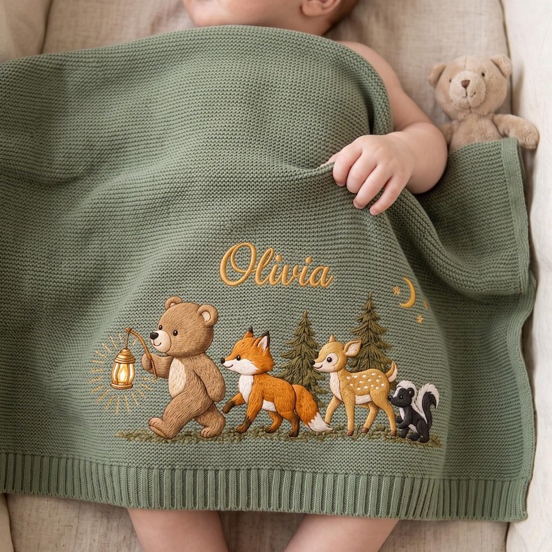 Personalized Embroidered Animal Baby Blanket – Custom Name Deer, Bear & Fox Nursery Keepsake