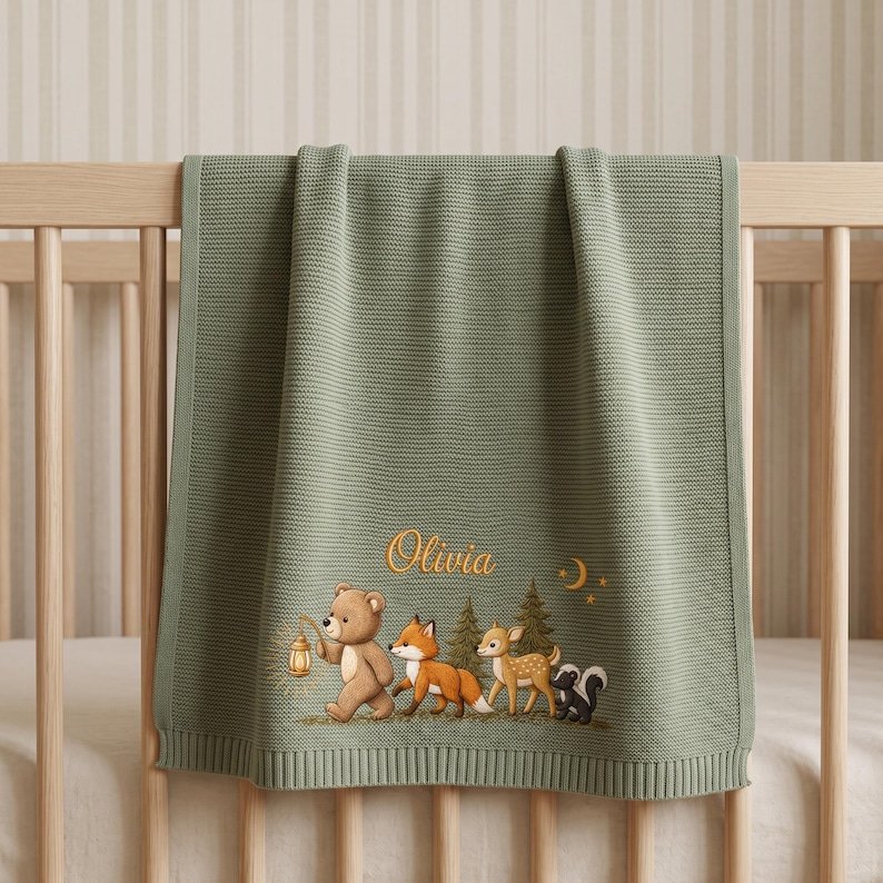 Personalized Embroidered Animal Baby Blanket – Custom Name Deer, Bear & Fox Nursery Keepsake