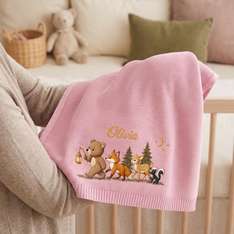 Personalized Embroidered Animal Baby Blanket – Custom Name Deer, Bear & Fox Nursery Keepsake