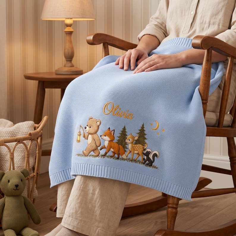 Personalized Embroidered Animal Baby Blanket – Custom Name Deer, Bear & Fox Nursery Keepsake