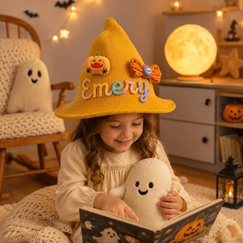 Personalized Kids Witch Hat, Custom Name Halloween Witch Hat, Embroidered Witch Costume Hat, Toddler Trick or Treat Hat, Halloween Gift