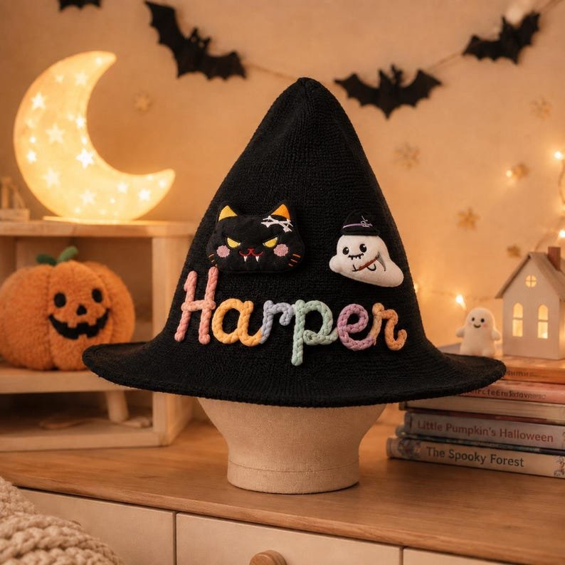 Personalized Kids Witch Hat, Custom Name Halloween Witch Hat, Embroidered Witch Costume Hat, Toddler Trick or Treat Hat, Halloween Gift