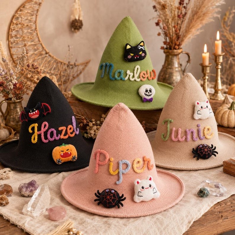 Personalized Kids Witch Hat, Custom Name Halloween Witch Hat, Embroidered Witch Costume Hat, Toddler Trick or Treat Hat, Halloween Gift