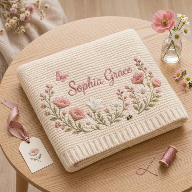Personalized Wildflower Baby Blanket – Custom Name Embroidered Floral & Butterfly Knit Blanket