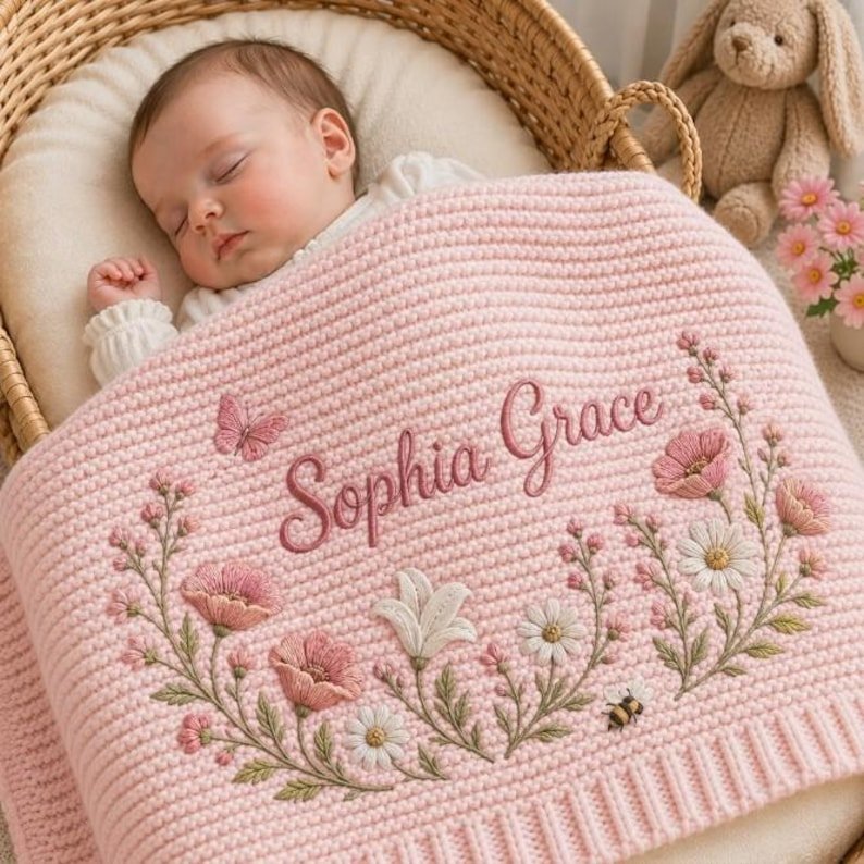 Personalized Wildflower Baby Blanket – Custom Name Embroidered Floral & Butterfly Knit Blanket