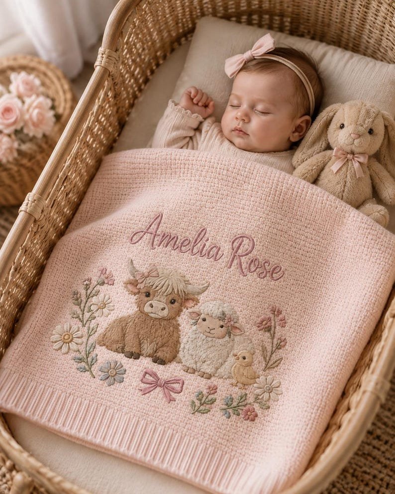 Personalized Farm Animal Baby Blanket – Custom Name Embroidered Knit Blanket with Highland Cow & Sheep