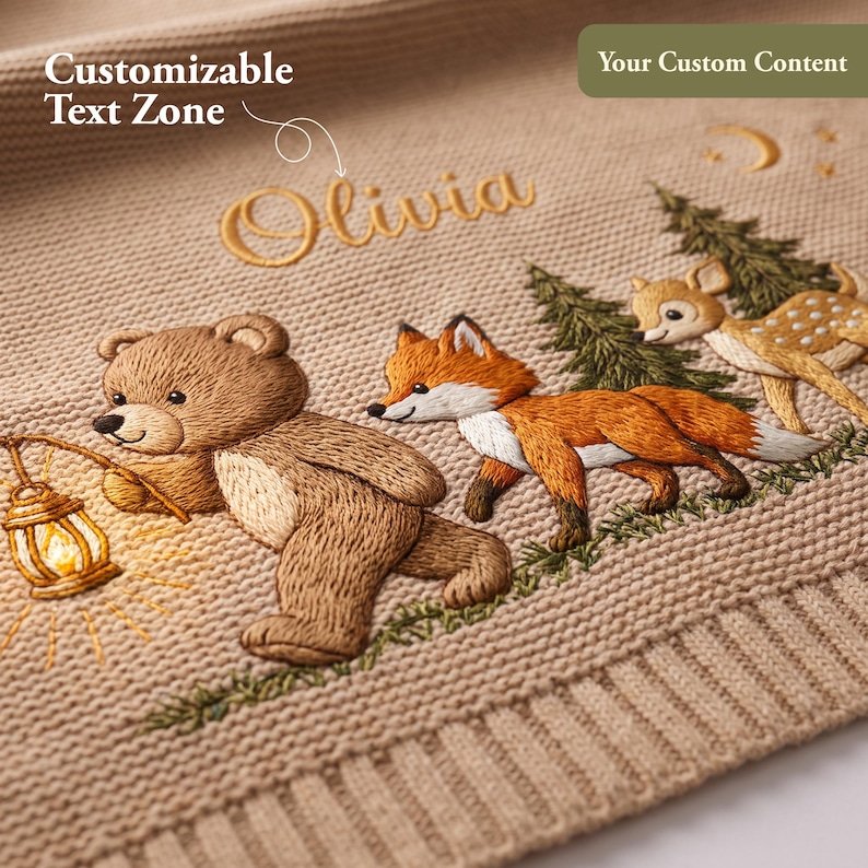 Personalized Embroidered Animal Baby Blanket – Custom Name Deer, Bear & Fox Nursery Keepsake