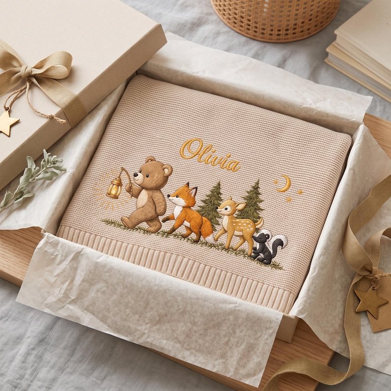 Personalized Embroidered Animal Baby Blanket – Custom Name Deer, Bear & Fox Nursery Keepsake