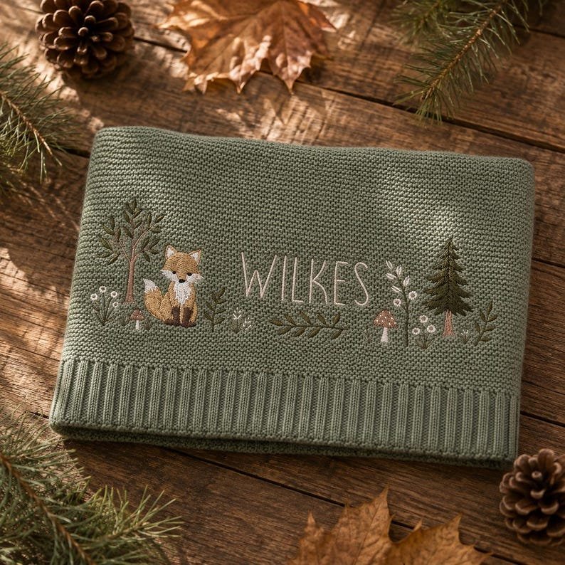 Personalized Woodland Fox Baby Blanket, Embroidered Name Keepsake, Forest Knit Nursery Gift