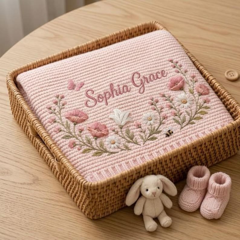 Personalized Wildflower Baby Blanket – Custom Name Embroidered Floral & Butterfly Knit Blanket