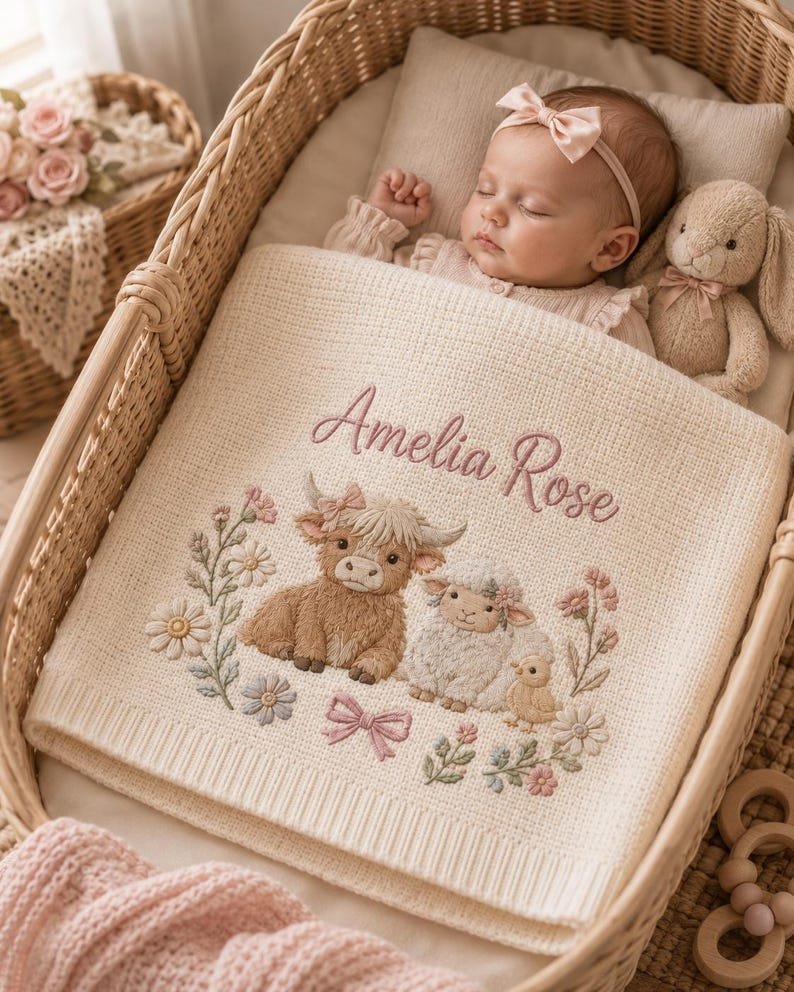 Personalized Farm Animal Baby Blanket – Custom Name Embroidered Knit Blanket with Highland Cow & Sheep