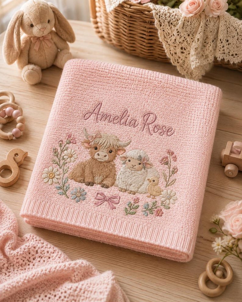Personalized Farm Animal Baby Blanket – Custom Name Embroidered Knit Blanket with Highland Cow & Sheep