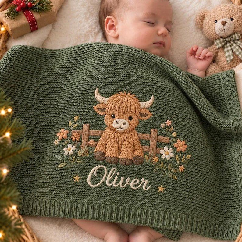 Personalized Farm Animal Baby Blanket – Custom Name Embroidered Knit Blanket with Highland Cow & Sheep
