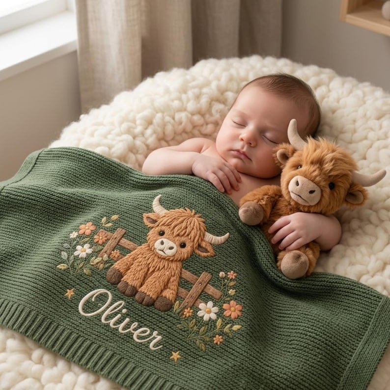 Personalized Farm Animal Baby Blanket – Custom Name Embroidered Knit Blanket with Highland Cow & Sheep