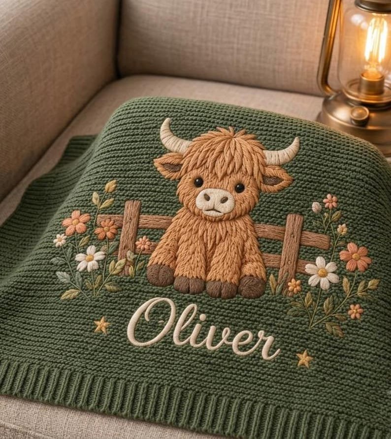 Personalized Farm Animal Baby Blanket – Custom Name Embroidered Knit Blanket with Highland Cow & Sheep