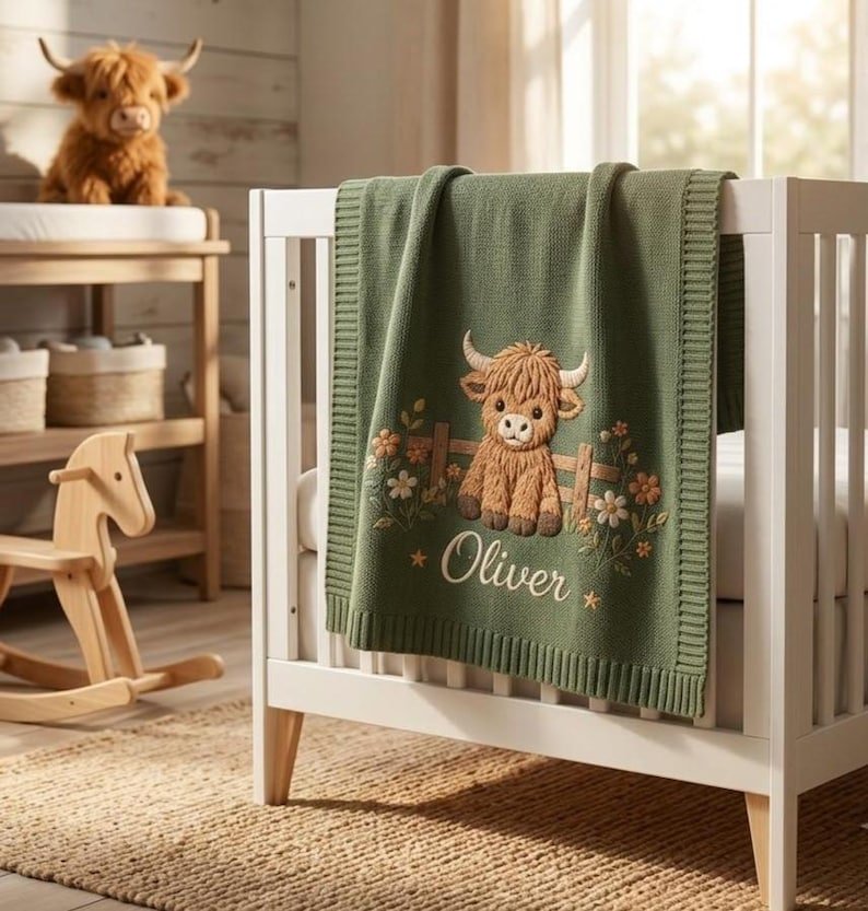 Personalized Farm Animal Baby Blanket – Custom Name Embroidered Knit Blanket with Highland Cow & Sheep