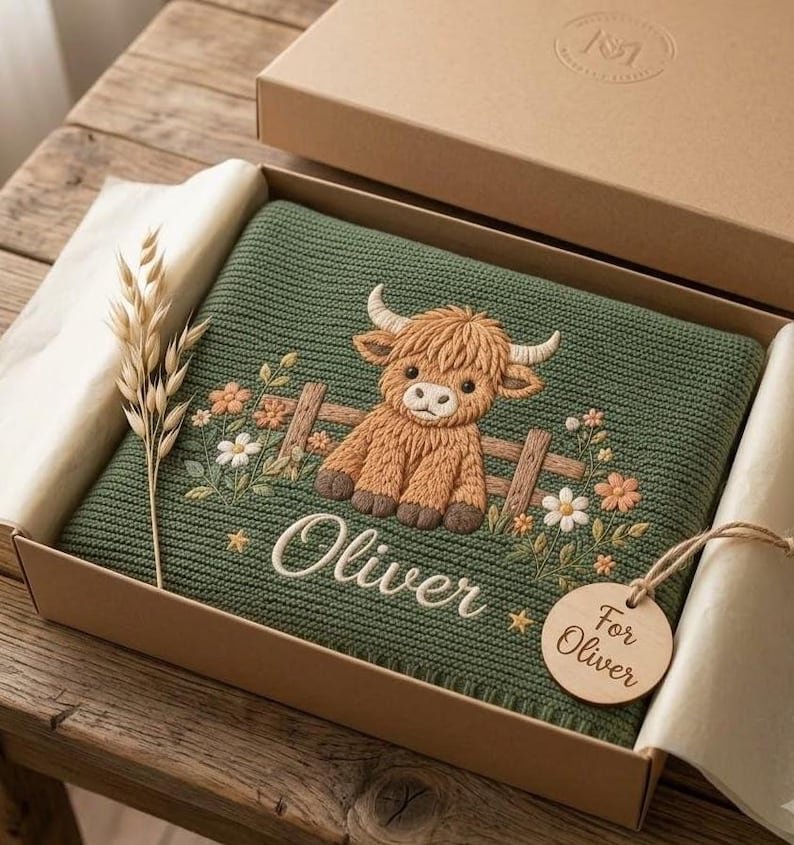Personalized Farm Animal Baby Blanket – Custom Name Embroidered Knit Blanket with Highland Cow & Sheep
