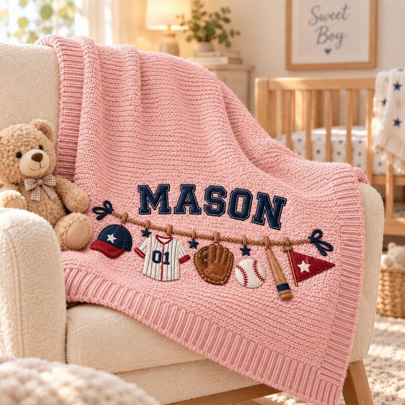 Personalized Baseball Baby Blanket, Baby Boy Gift, Custom Name Sports Blanket, Newborn Baseball Nursery Decor, Baby Shower Gift