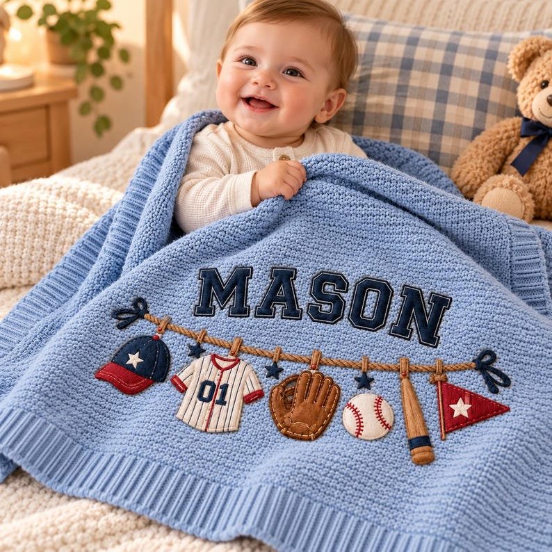 Personalized Baseball Baby Blanket, Baby Boy Gift, Custom Name Sports Blanket, Newborn Baseball Nursery Decor, Baby Shower Gift