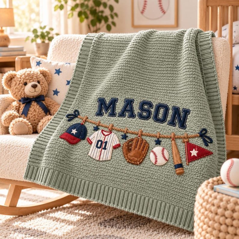 Personalized Baseball Baby Blanket, Baby Boy Gift, Custom Name Sports Blanket, Newborn Baseball Nursery Decor, Baby Shower Gift