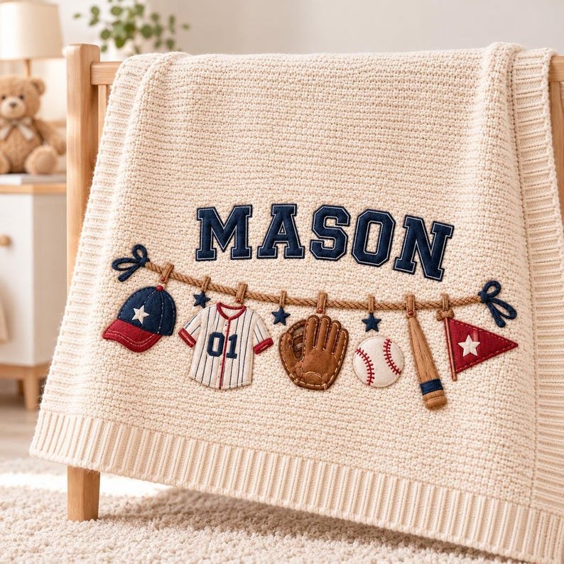 Personalized Baseball Baby Blanket, Baby Boy Gift, Custom Name Sports Blanket, Newborn Baseball Nursery Decor, Baby Shower Gift