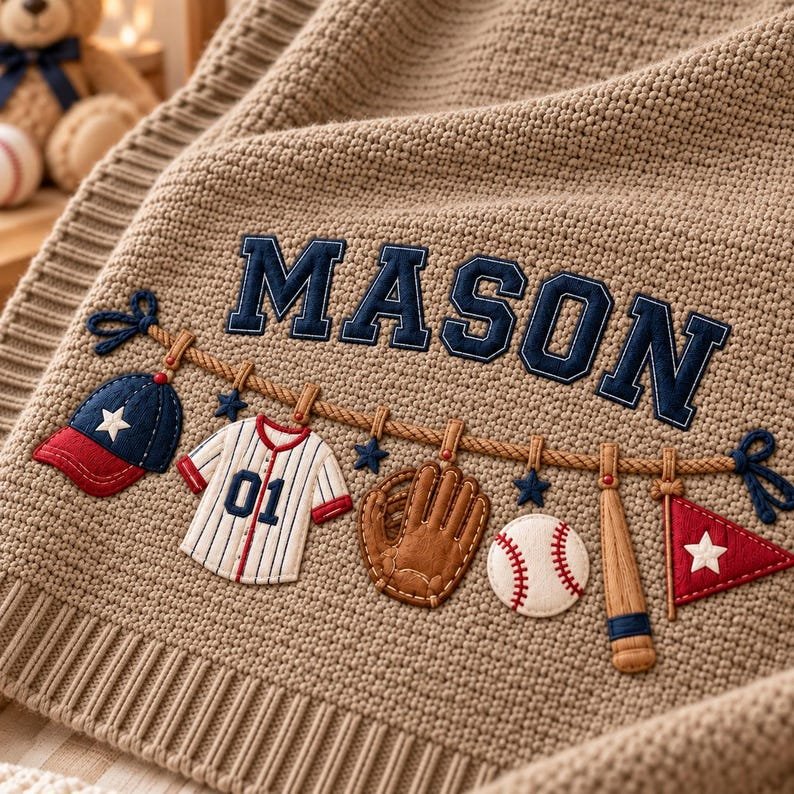 Personalized Baseball Baby Blanket, Baby Boy Gift, Custom Name Sports Blanket, Newborn Baseball Nursery Decor, Baby Shower Gift