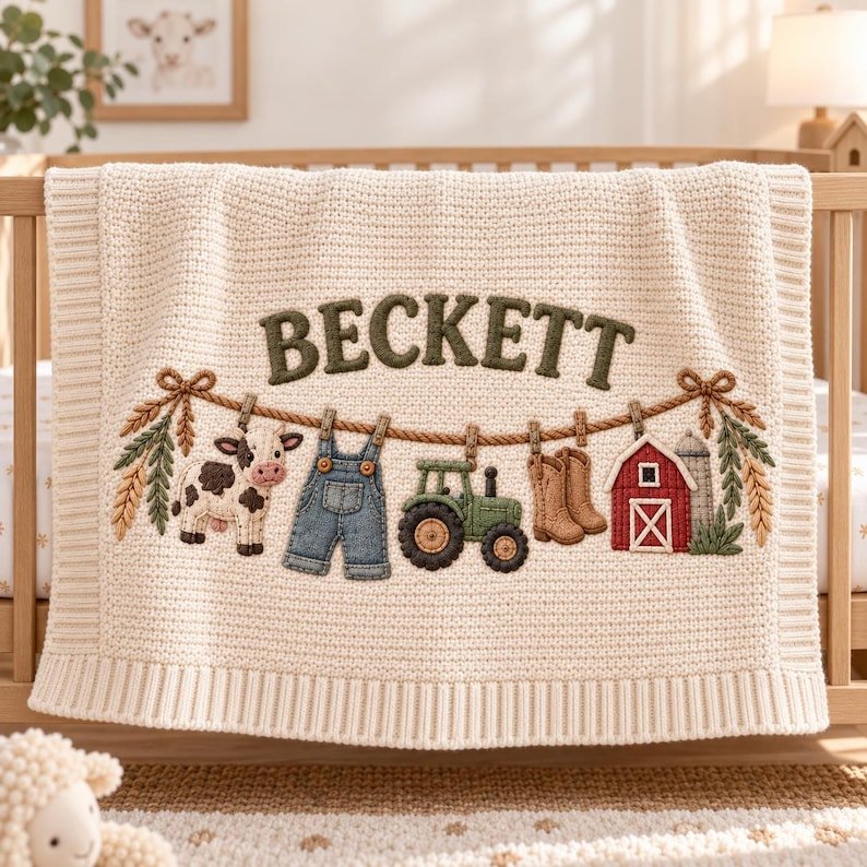 Personalized Farm Baby Blanket, Baby Boy Gift, Custom Name Tractor Cow Blanket, Farmer Nursery Decor, Baby Shower Gift