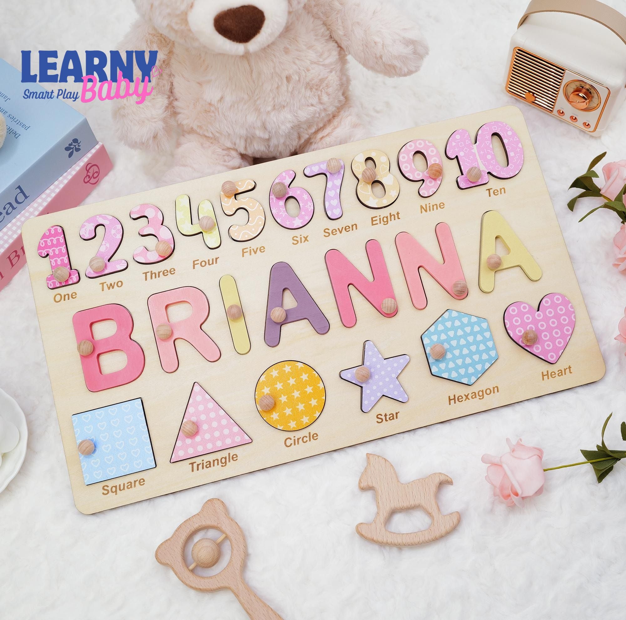 Personalized Wooden Name Puzzle Gift for Boys & Girls, Custom Baby Gifts Name Puzzle with Numbers, Geometry Shapes, Free Back Engraving BBLB11
