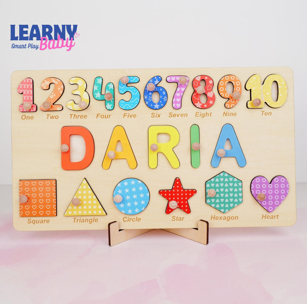 Personalized Wooden Name Puzzle Gift for Boys & Girls, Custom Baby Gifts Name Puzzle with Numbers, Geometry Shapes, Free Back Engraving BBLB11
