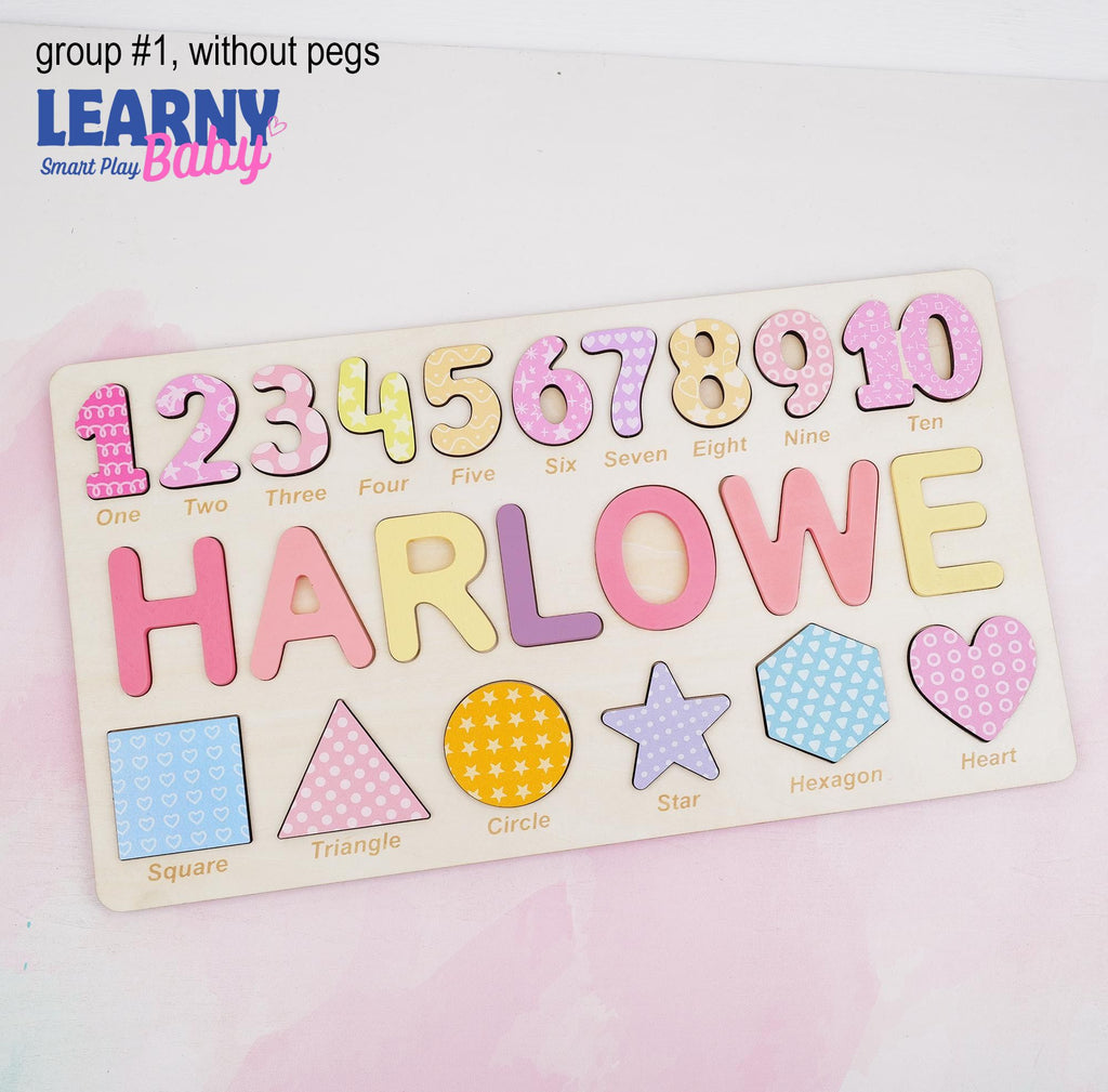 Personalized Wooden Name Puzzle Gift for Boys & Girls, Custom Baby Gifts Name Puzzle with Numbers, Geometry Shapes, Free Back Engraving BBLB11