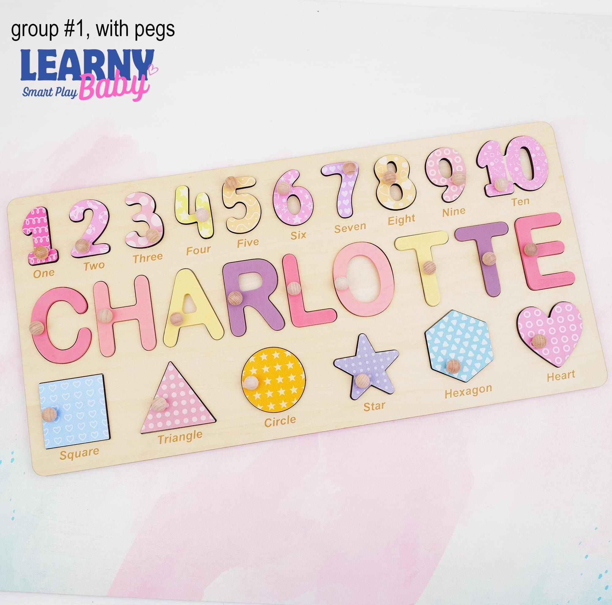 Personalized Wooden Name Puzzle Gift for Boys & Girls, Custom Baby Gifts Name Puzzle with Numbers, Geometry Shapes, Free Back Engraving BBLB11