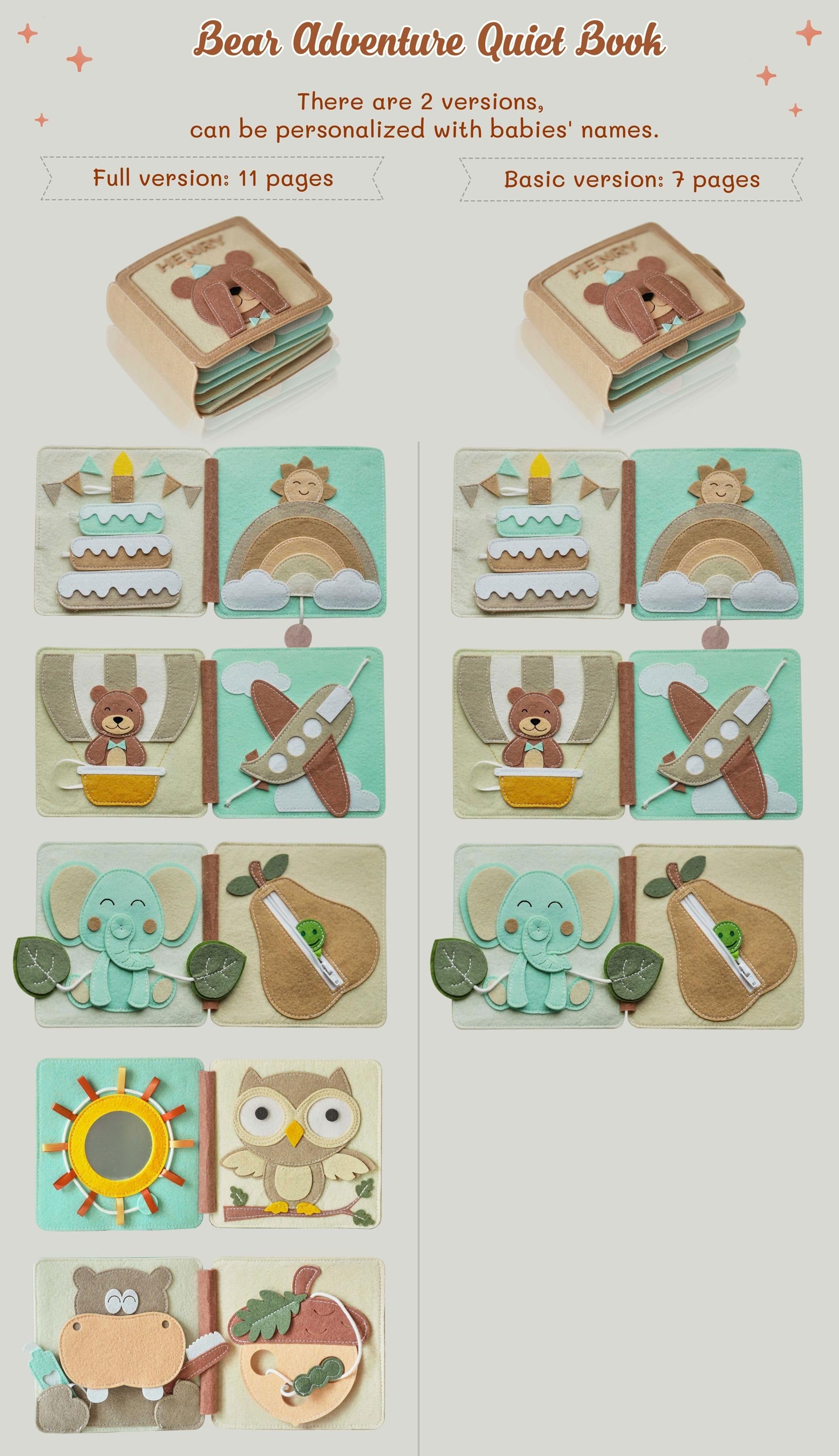Personalized gift for baby boy& girl, Bear Adventure busy book, handmade felt quiet book, customized soft Montessori-inspired toy for travel