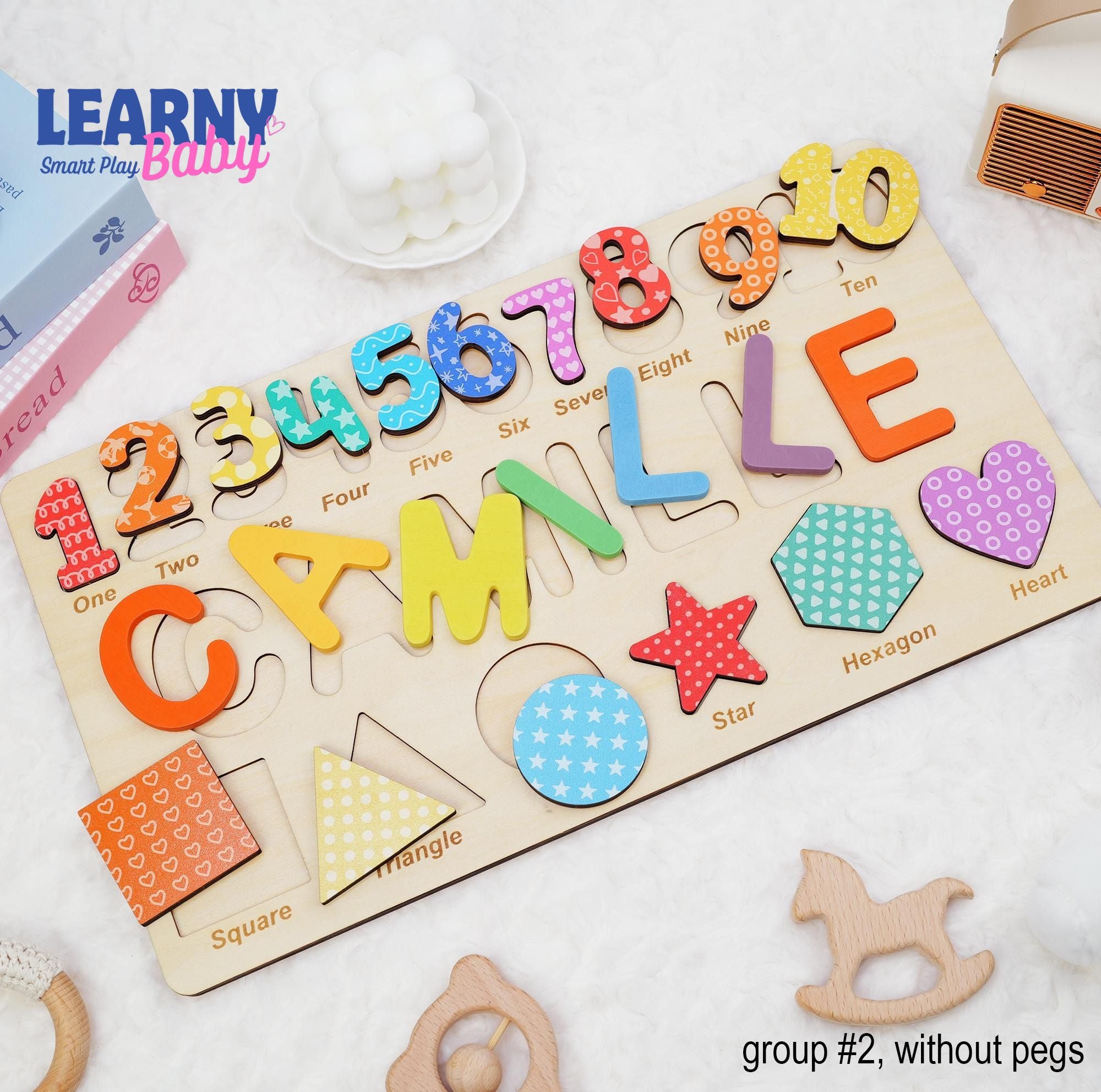 Personalized Wooden Name Puzzle Gift for Boys & Girls, Custom Baby Gifts Name Puzzle with Numbers, Geometry Shapes, Free Back Engraving BBLB11