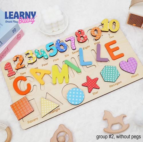 Personalized Wooden Name Puzzle Gift for Boys & Girls, Custom Baby Gifts Name Puzzle with Numbers, Geometry Shapes, Free Back Engraving BBLB11