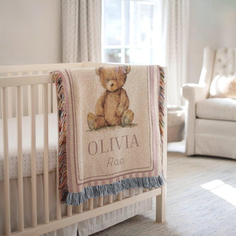 Personalized Teddy Bear Baby Woven Blanket, Custom Name Nursery Blanket, Vintage Bear Baby Blanket, Newborn Baby Gift