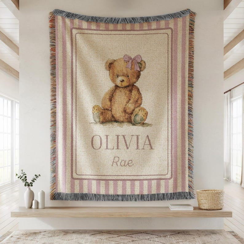 Personalized Teddy Bear Baby Woven Blanket, Custom Name Nursery Blanket, Vintage Bear Baby Blanket, Newborn Baby Gift
