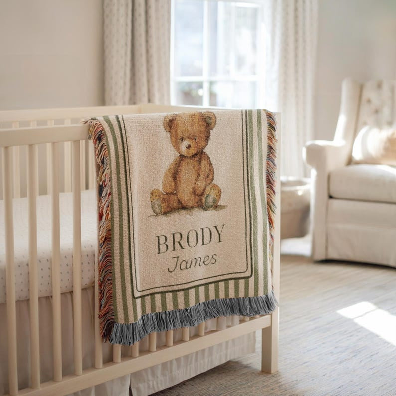 Personalized Teddy Bear Baby Woven Blanket, Custom Name Nursery Blanket, Vintage Bear Baby Blanket, Newborn Baby Gift