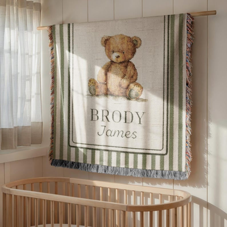 Personalized Teddy Bear Baby Woven Blanket, Custom Name Nursery Blanket, Vintage Bear Baby Blanket, Newborn Baby Gift