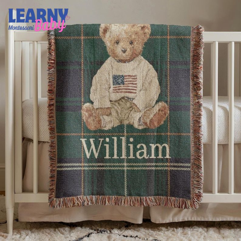 Personalized Teddy Bear Baby Blanket, Custom Name Woven Nursery Blanket, Plaid Bear Baby Gift, Newborn Keepsake Blanket