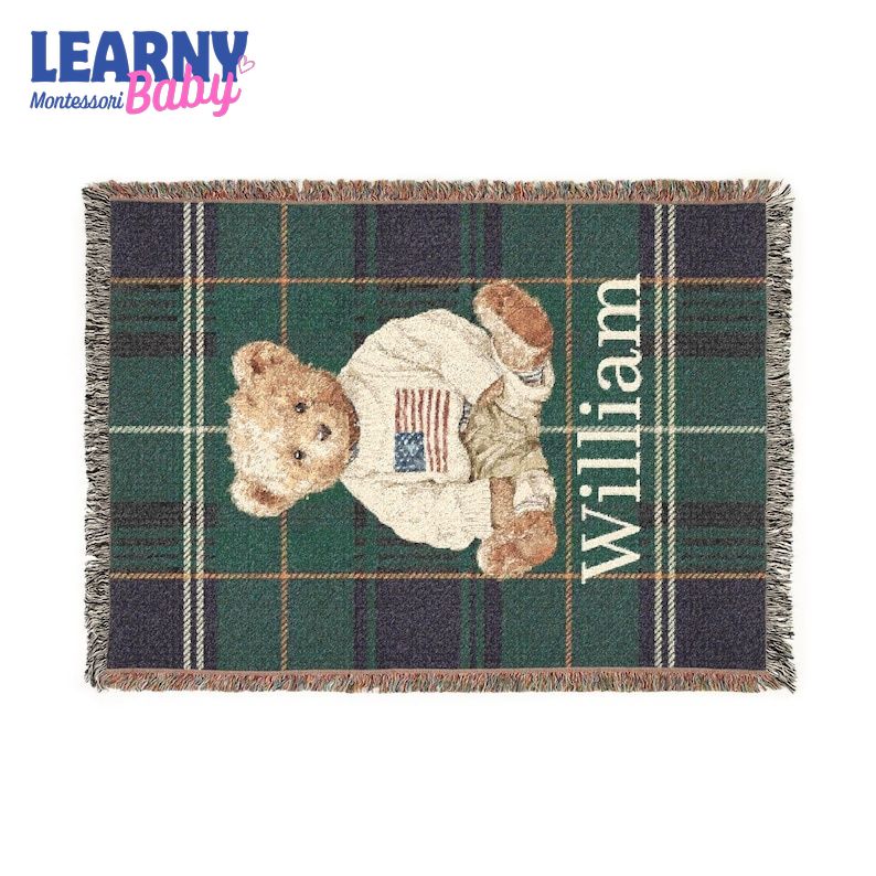 Personalized Teddy Bear Baby Blanket, Custom Name Woven Nursery Blanket, Plaid Bear Baby Gift, Newborn Keepsake Blanket