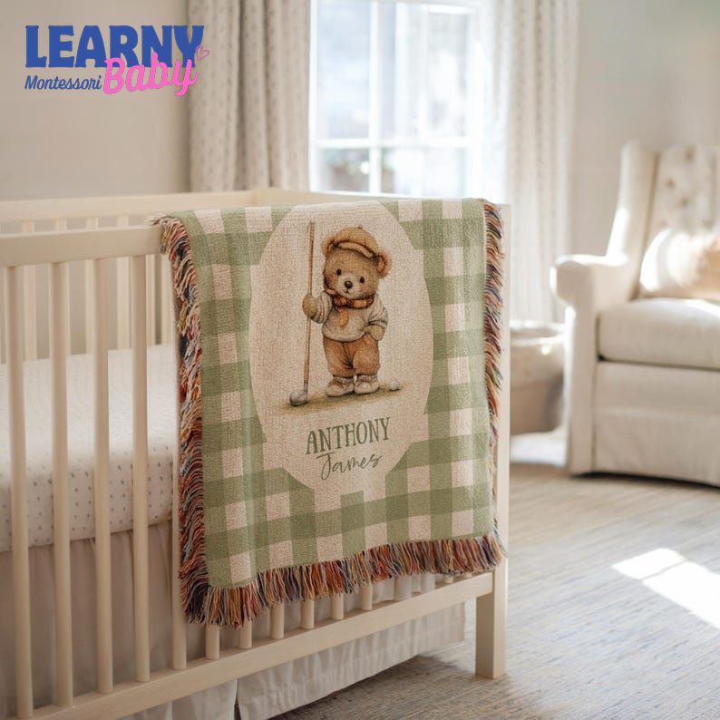 Custom Baby Name Blanket, Golf Teddy Bear Blanket, Personalized Baby Throw, Golf Nursery Decor, Cotton Baby Blanket, Newborn Keepsake Blanket