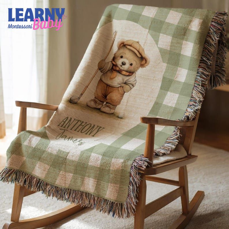 Custom Baby Name Blanket, Golf Teddy Bear Blanket, Personalized Baby Throw, Golf Nursery Decor, Cotton Baby Blanket, Newborn Keepsake Blanket