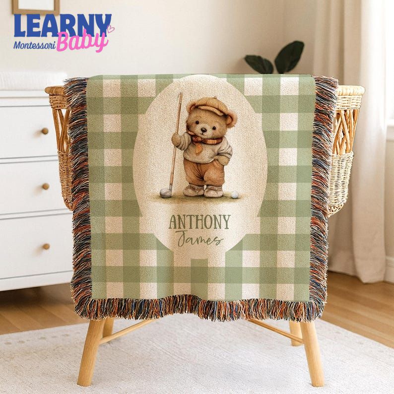 Custom Baby Name Blanket, Golf Teddy Bear Blanket, Personalized Baby Throw, Golf Nursery Decor, Cotton Baby Blanket, Newborn Keepsake Blanket
