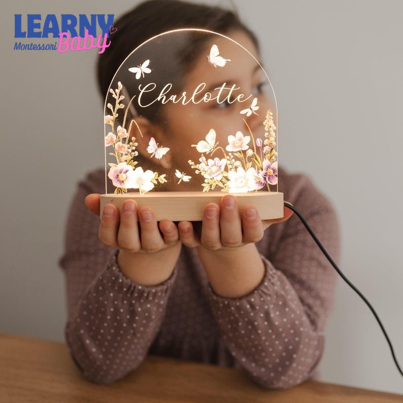 Personalized Baby Night Light, Custom Name Lamp, Floral Nursery Lamp, Baby Girl Room Decor, Acrylic LED Night Light, Baby Shower Gift NL01