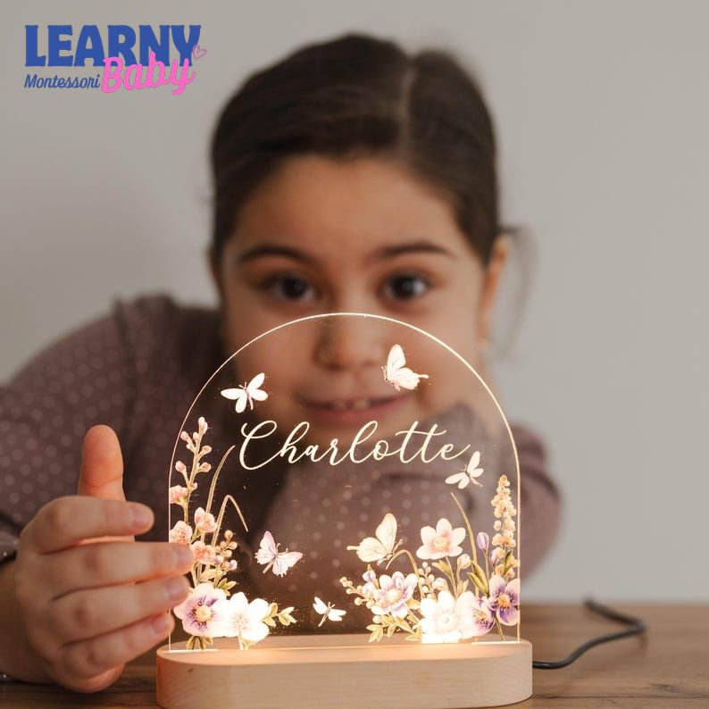 Personalized Baby Night Light, Custom Name Lamp, Floral Nursery Lamp, Baby Girl Room Decor, Acrylic LED Night Light, Baby Shower Gift NL01