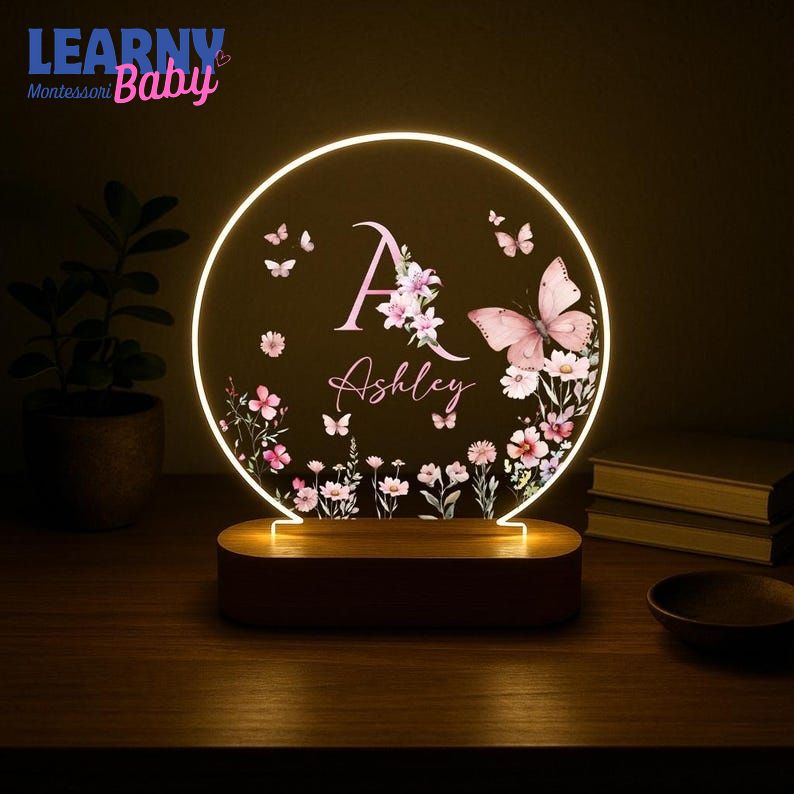 Personalized Name Night Light, Butterfly Flower LED Lamp, Custom Acrylic Light with Wooden Base, Gift for Her, Bedroom Decor NL04
