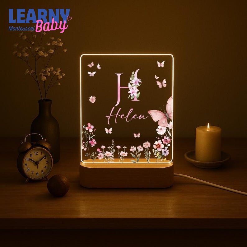 Personalized Name Night Light, Butterfly Flower LED Lamp, Custom Acrylic Light with Wooden Base, Gift for Her, Bedroom Decor NL04